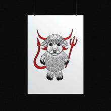 Load image into Gallery viewer, Highland Cow in a Devil Costume | Art Print - Scaredy Cat Studio