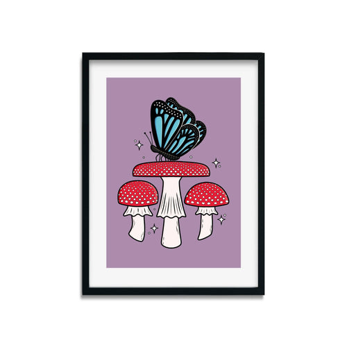 Blue Butterfly with Fly Agaric Mushrooms | Mushroom Pals | Art Print - Scaredy Cat Studio