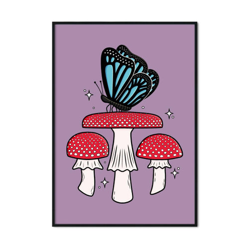 Blue Butterfly with Fly Agaric Mushrooms | Mushroom Pals | A2 Poster - Scaredy Cat Studio