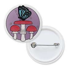 Load image into Gallery viewer, Blue Butterfly with Fly Agaric Mushrooms | Mushroom Pals | Pinback Badge Button
