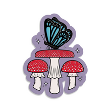 Load image into Gallery viewer, Blue Butterfly with Fly Agaric Mushrooms | Mushroom Pals | 3-inch Waterproof Sticker
