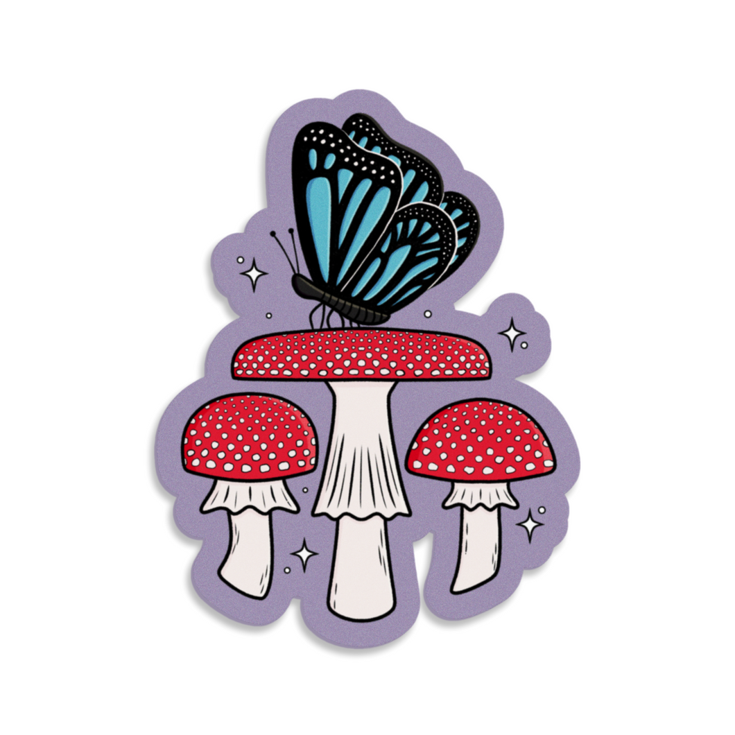 Blue Butterfly with Fly Agaric Mushrooms | Mushroom Pals | 3-inch Waterproof Sticker