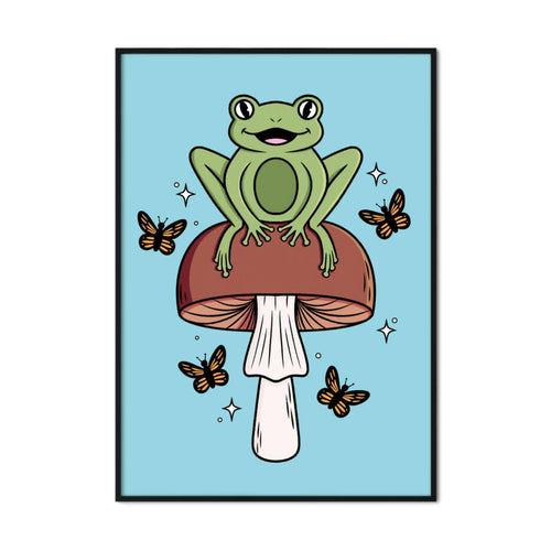 Cheerful Frog with Brown Mushrooms | Mushroom Pals | A2 Poster - Scaredy Cat Studio