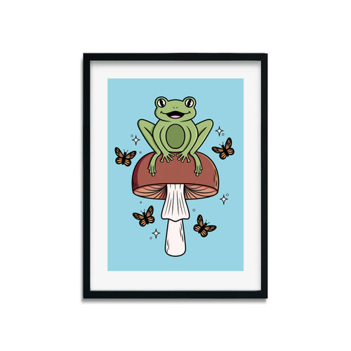 Cheerful Frog with Brown Mushrooms | Mushroom Pals | Art Print - Scaredy Cat Studio