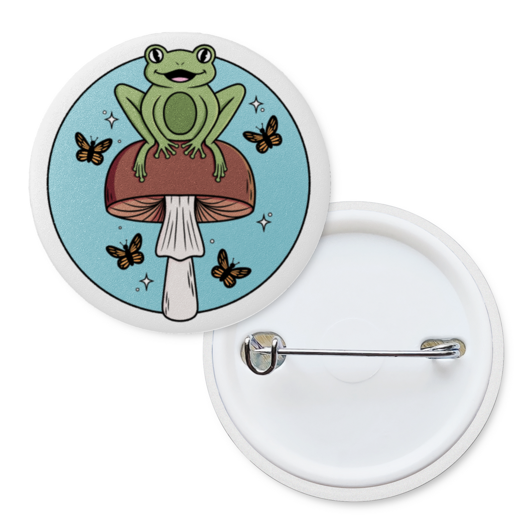Cheerful Frog with Brown Mushrooms and Butterflies | Mushroom Pals | Pinback Badge Button