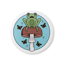 Load image into Gallery viewer, Cheerful Frog with Brown Mushrooms and Butterflies | Mushroom Pals | Pinback Badge Button
