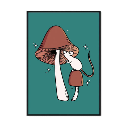Curious White Mouse with Brown Mushrooms | Mushroom Pals | A2 Poster - Scaredy Cat Studio