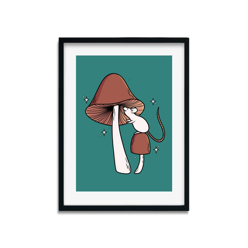 Curious White Mouse with Brown Mushrooms | Mushroom Pals | Art Print - Scaredy Cat Studio