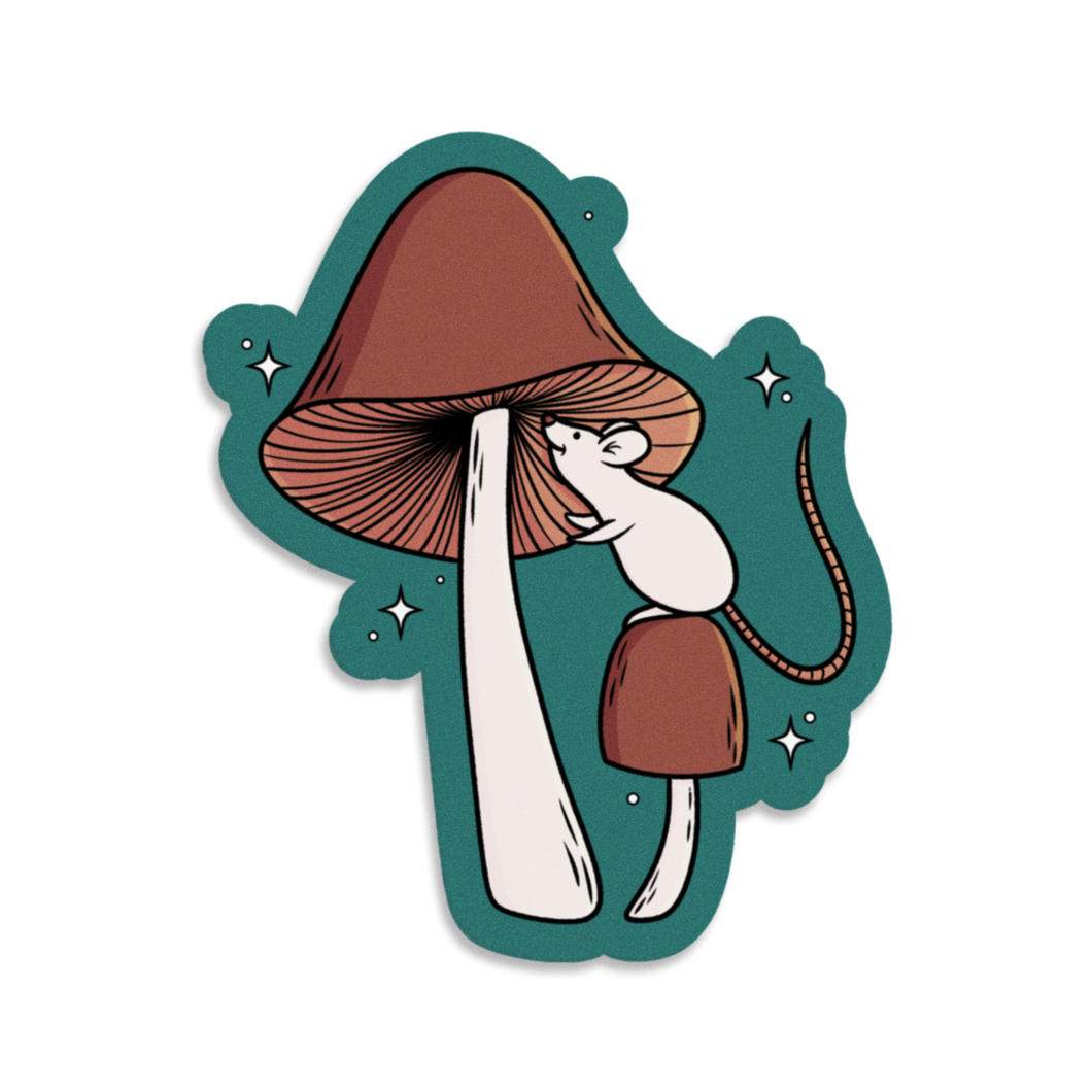 Curious White Mouse with Brown Mushrooms | Mushroom Pals | 3-inch Waterproof Sticker