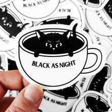 Laden Sie das Bild in den Galerie-Viewer, &quot;Black as Night&quot; Coffee Cat | 3-inch Waterproof Sticker - Scaredy Cat Studio
