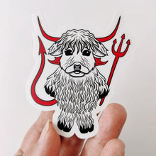 Load image into Gallery viewer, Highland Cow in a Devil Costume | 3-inch Waterproof Sticker - Scaredy Cat Studio
