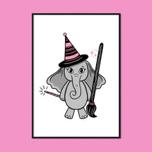 Load image into Gallery viewer, Elephant in a Witch Costume | A2 Poster - Scaredy Cat Studio
