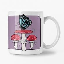 Load image into Gallery viewer, Blue Butterfly with Fly Agaric Mushrooms | Mushroom Pals | Ceramic Mug - Scaredy Cat Studio
