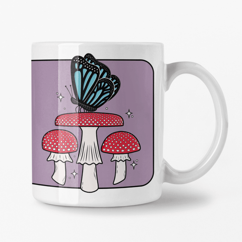 Blue Butterfly with Fly Agaric Mushrooms | Mushroom Pals | Ceramic Mug - Scaredy Cat Studio