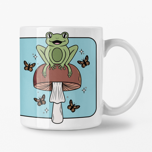 Cheerful Frog with Brown Mushrooms and Butterflies | Mushroom Pals | Ceramic Mug - Scaredy Cat Studio