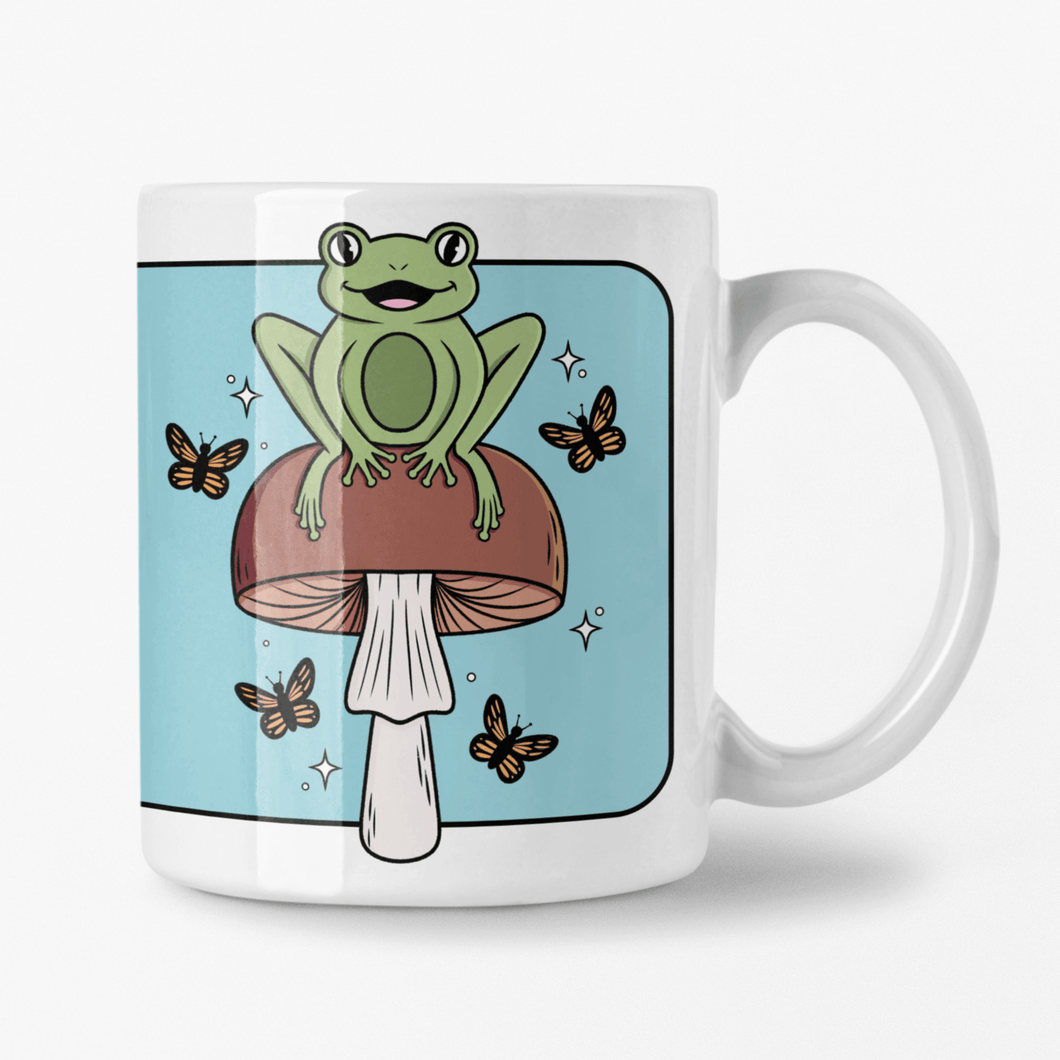 Cheerful Frog with Brown Mushrooms and Butterflies | Mushroom Pals | Ceramic Mug - Scaredy Cat Studio