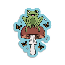 Load image into Gallery viewer, Cheerful Frog with Brown Mushrooms and Butterflies | Mushroom Pals | 3-inch Waterproof Sticker
