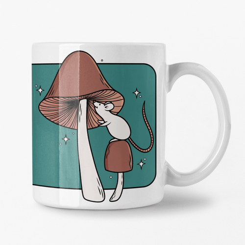 Curious White Mouse with Brown Mushrooms | Mushroom Pals | Ceramic Mug - Scaredy Cat Studio